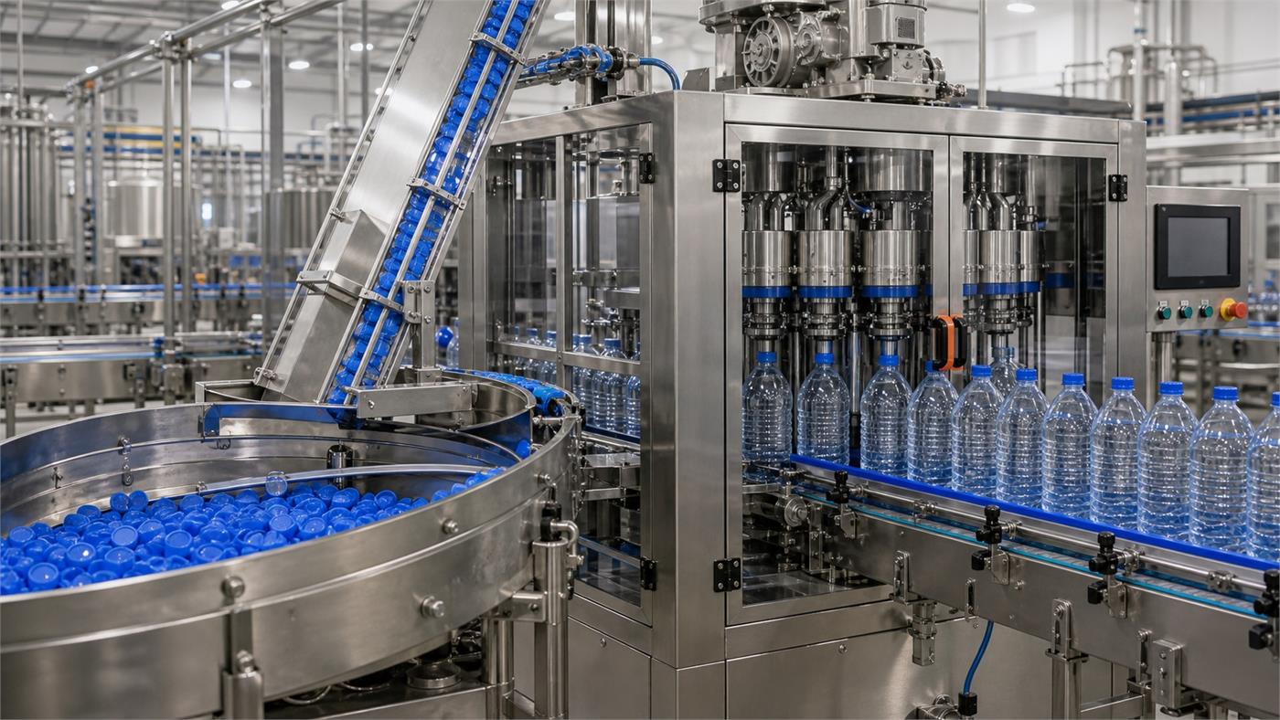 Cap feeding and capping machine applying blue caps to bottled water