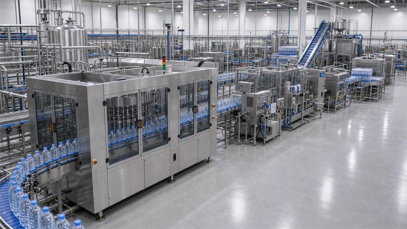 Automatic PET water bottling line in a clean beverage factory with filled bottles on conveyors