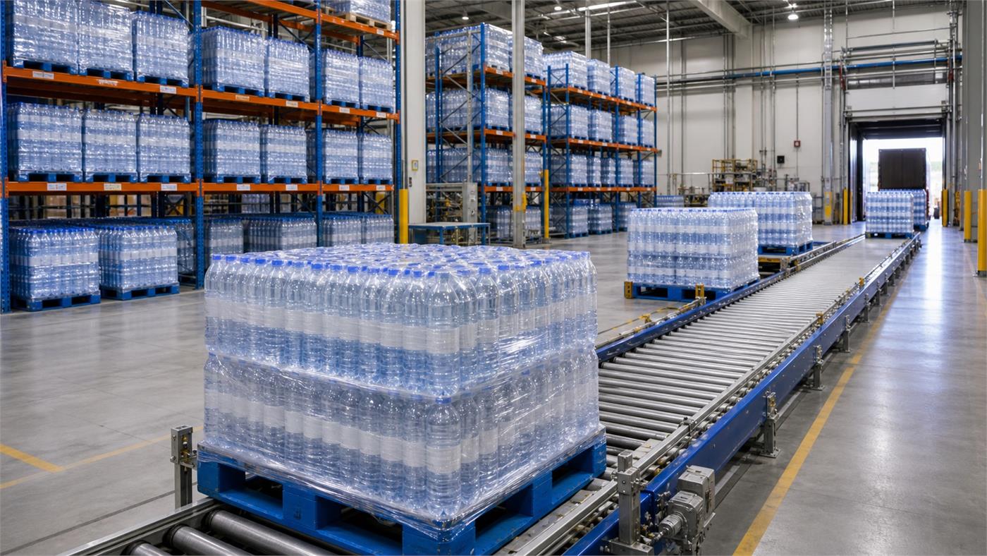 Finished bottled water warehouse with shrink wrapped packs on pallets