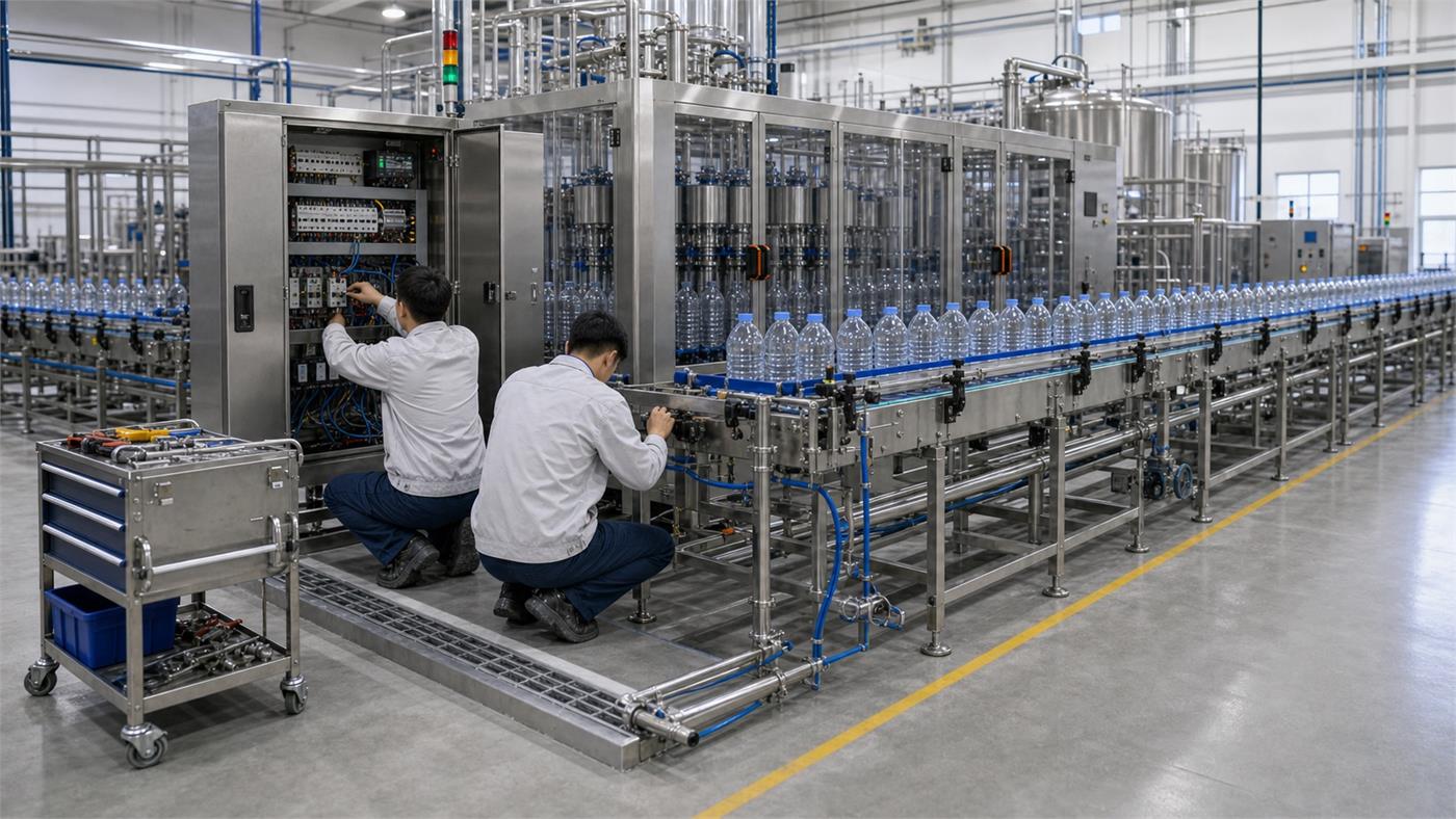 Engineers commissioning a stainless steel water bottling line inside a factory
