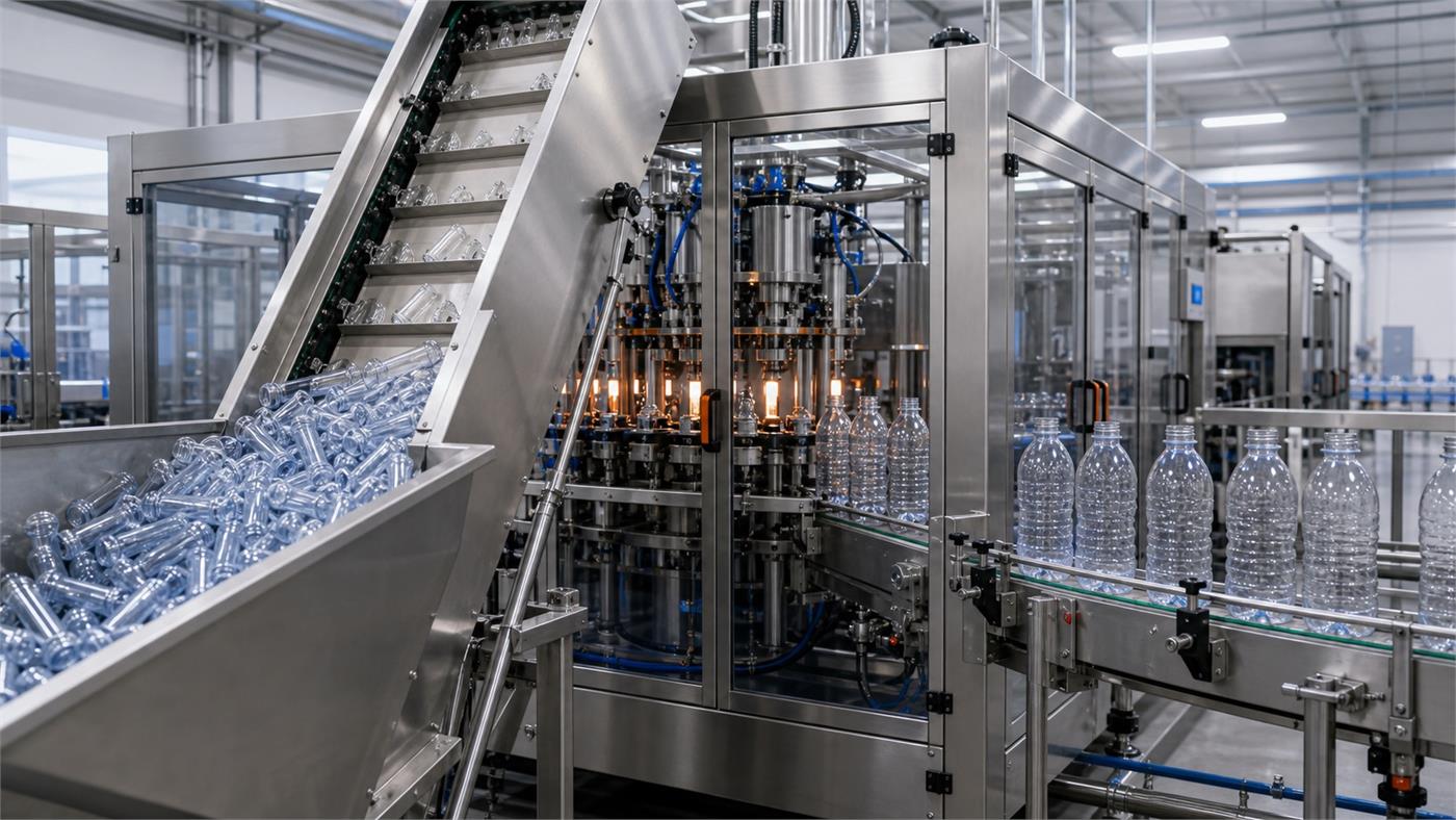 PET bottle feeding and empty bottle conveyor section before water filling