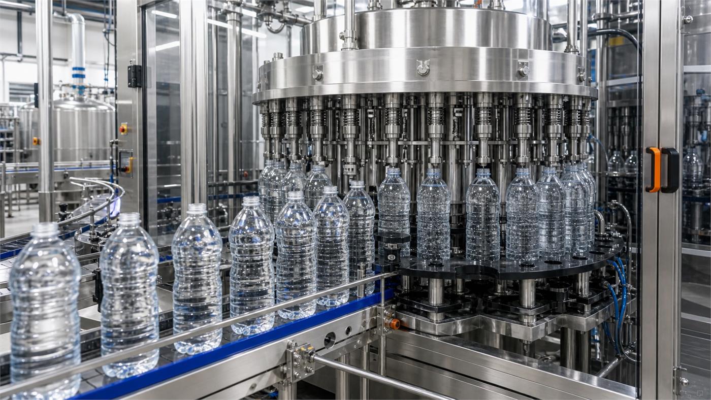 Close-up of rotary water filling machine with clear PET bottles