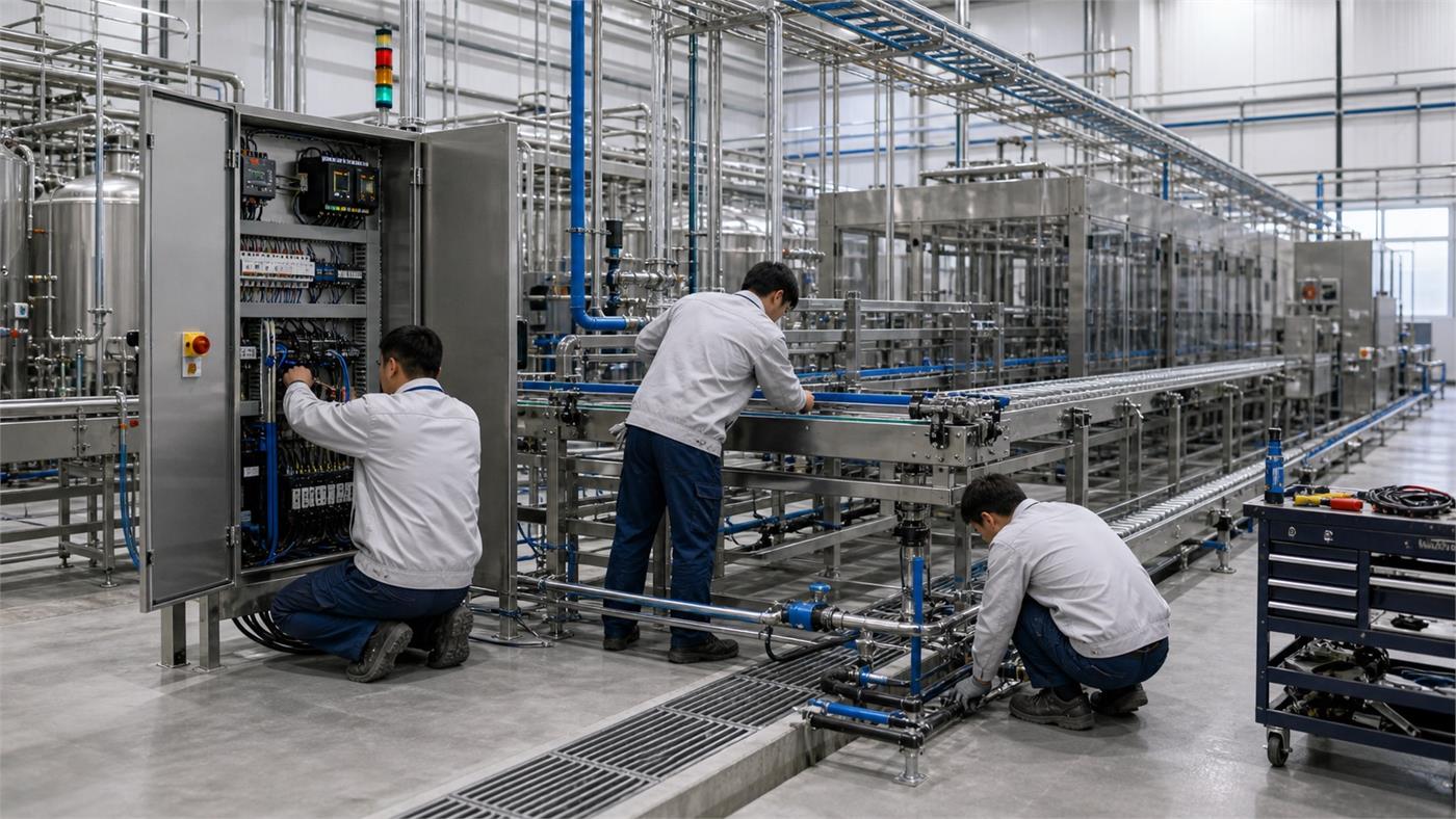 Engineers installing utility connections for a water bottling line