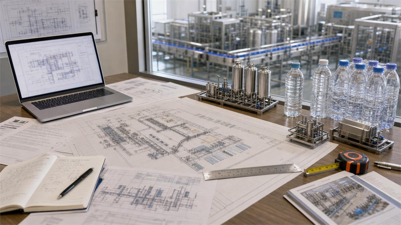 Engineering desk with bottled water plant layout drawings and bottle samples