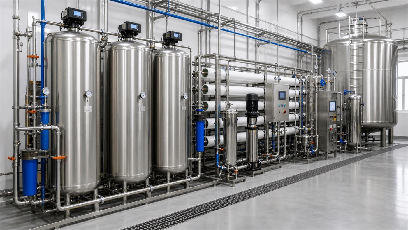 Stainless steel water treatment system with filtration tanks and reverse osmosis equipment