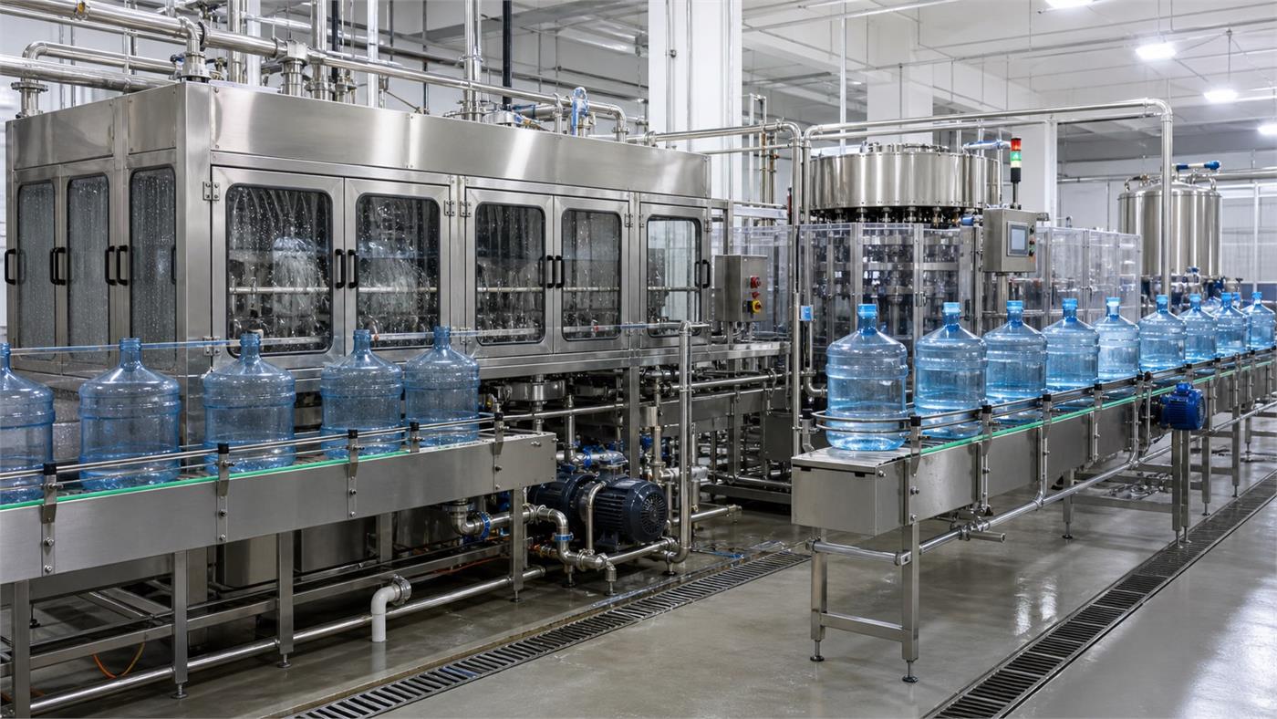 Reusable 5 gallon and 20 liter water bottles on an enclosed washing filling and capping line