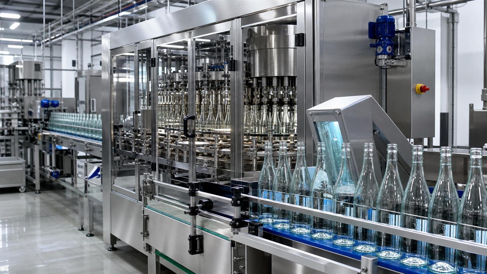 Clear glass water bottles moving through an enclosed stainless steel rinsing filling and closing line